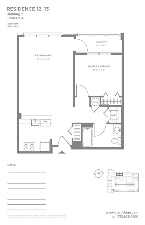 Floor plan for 1 bed, 1 bath, 750 sqft
